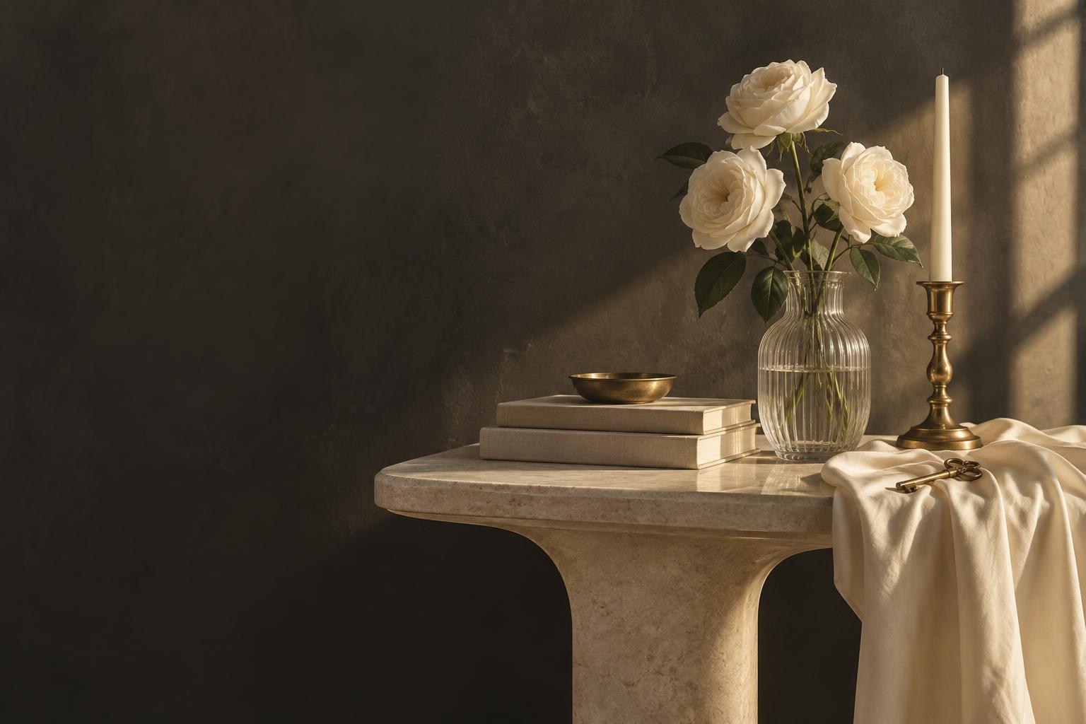 White roses, a brass candelabra, and linen books on an alabaster console against a charcoal wall